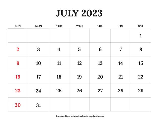 Printable July 2023 Calendar | Free Download in PDF - Bordio