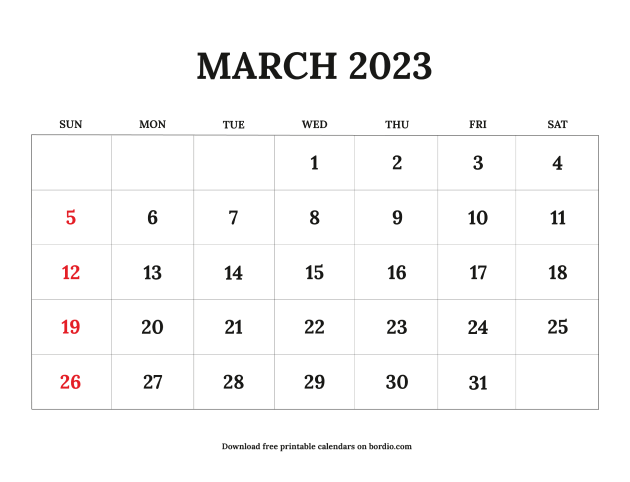 Printable March 2023 Calendar | Free Download in PDF - Bordio