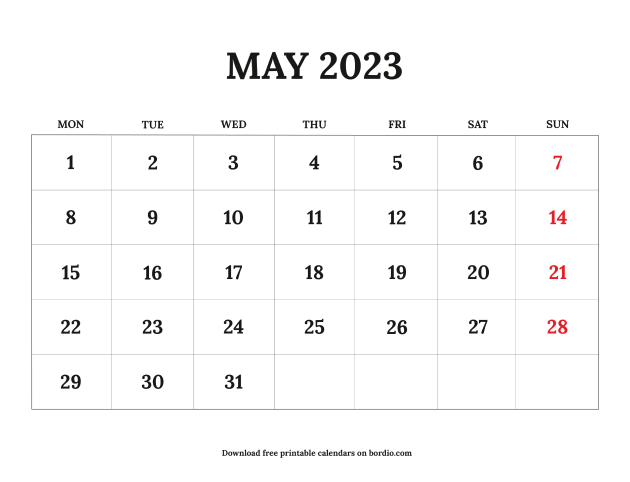 Printable May 2023 Calendar | Free Download in PDF - Bordio