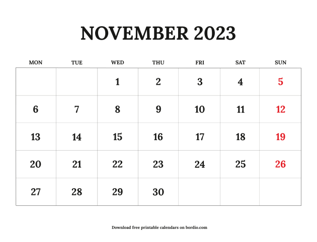 Printable November 2023 Calendar: Download in PDF - Bordio