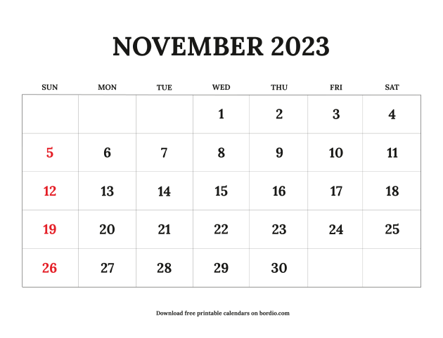 Printable November 2023 Calendar: Download in PDF - Bordio