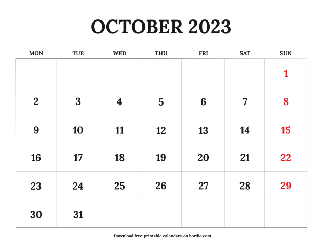 Printable October 2023 Calendar | Free Download in PDF - Bordio
