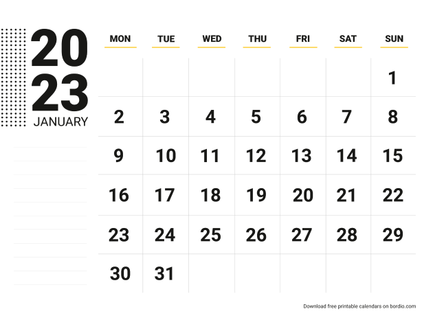 Printable January 2023 Calendar Free Download In Pdf Bordio 8948