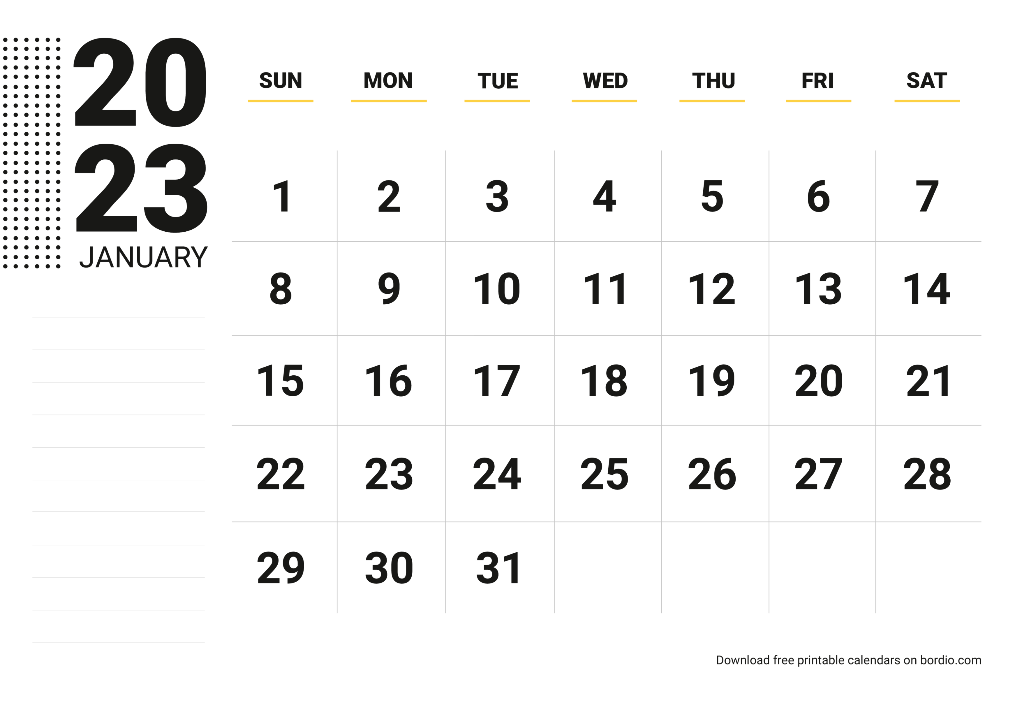 Printable January 2023 Calendar Free Download In Pdf - Bordio