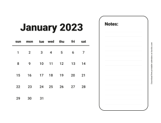 January 2023 Free Calendar for print Sunday