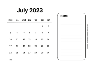 July 2023 Free Calendar for print