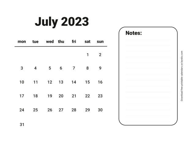 Printable July 2023 Calendar | Free Download in PDF - Bordio