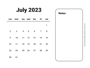 July 2023 Free Calendar for print Sunday