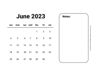 June 2023 Free Calendar for print Sunday