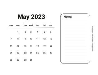 May 2023 Free Calendar for print Sunday