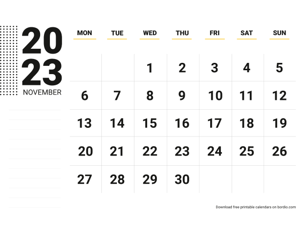 Printable November 2023 Calendar: Download in PDF - Bordio