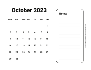 October 2023 Free Calendar for print