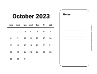 October 2023 Free Calendar for print Sunday