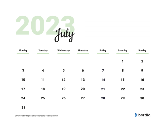 Printable July 2023 Calendar | Free Download in PDF - Bordio