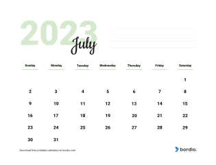 Printable Calendar July 2023 Sunday