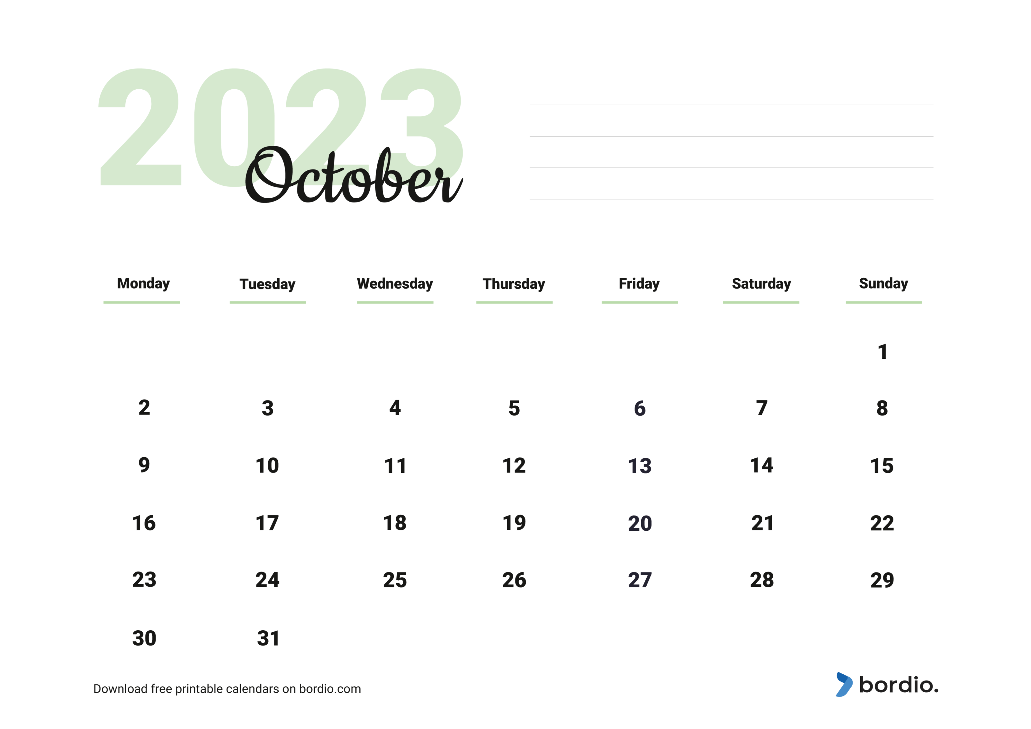 Printable October 2023 Calendar Free Download In Pdf Bordio