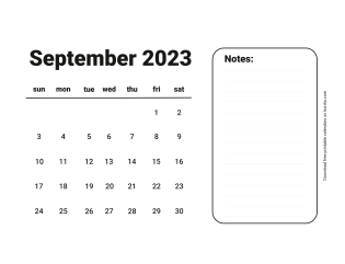 September 2023 free calendar for print Sunday