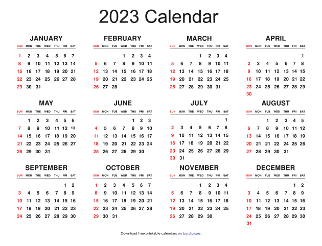 Printable Yearly Calendar 2023 | Free Download in PDF - Bordio