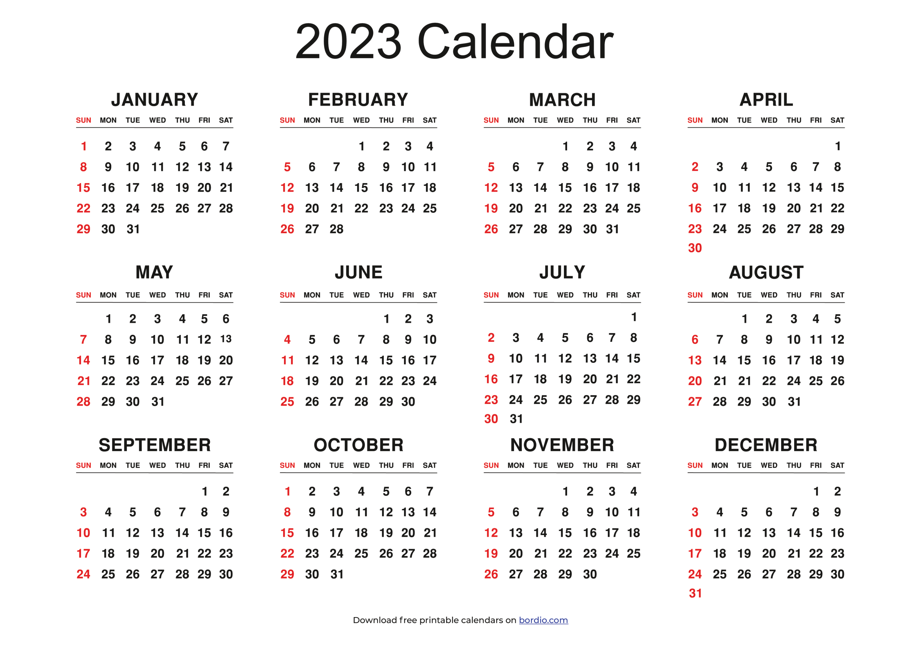 Printable Yearly Calendar 2023 Free Download In PDF Bordio