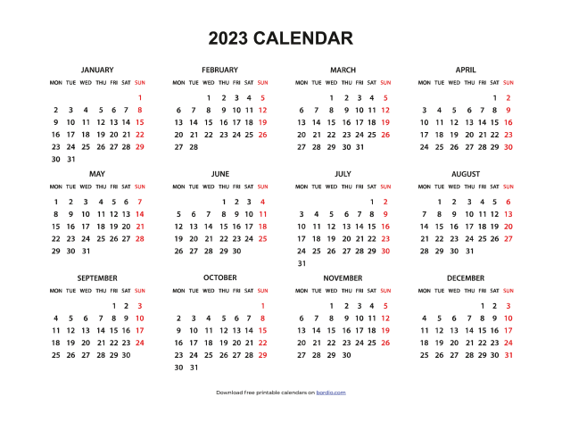 Printable Yearly Calendar 2023 | Free Download in PDF - Bordio