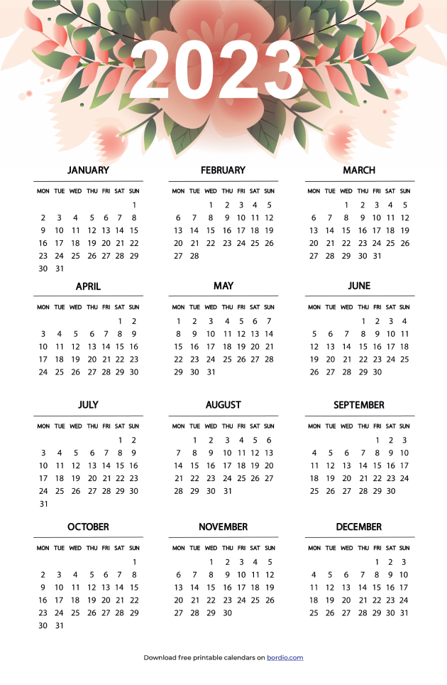 Printable Yearly Calendar 2023 | Free Download in PDF - Bordio