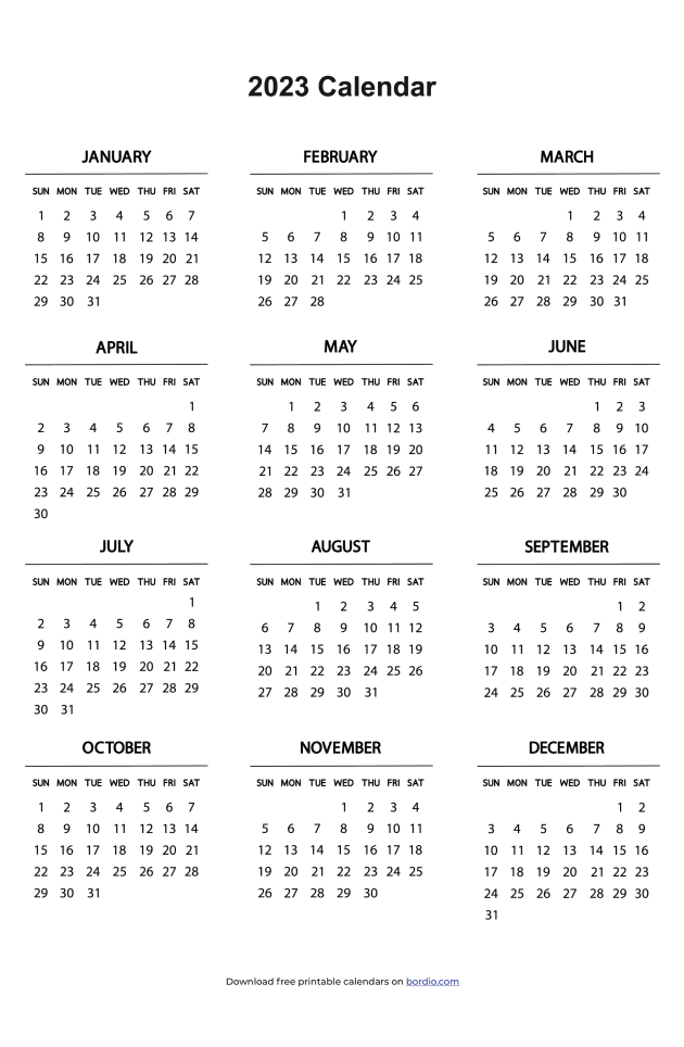 Printable Yearly Calendar 2023 | Free Download in PDF - Bordio