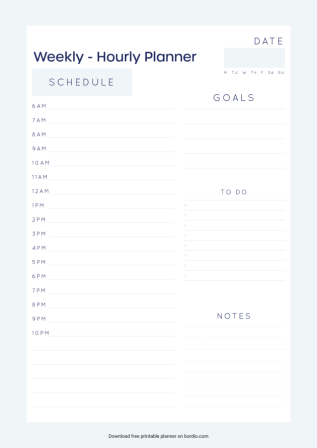 Hourly weekly calendar template