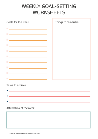 Weekly goal setting template printable preview