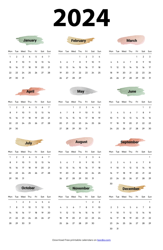 Free Printable Yearly Calendar 2024 Templates in PDF