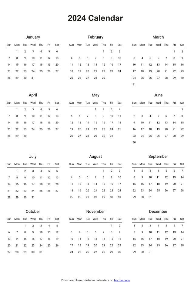 Free Printable Yearly Calendar 2024 Templates in PDF