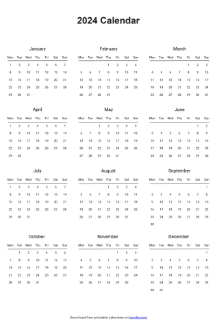 Free printable calendar 2024 from monday preview