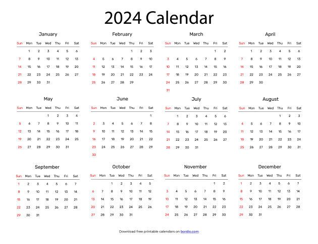 Free Printable Yearly Calendar 2024 Templates in PDF