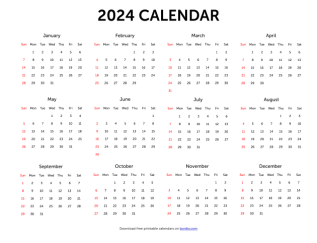 Printable yearly calendar 2024 from Sunday preview