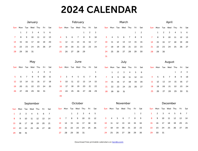 Free Printable Yearly Calendar 2024 Templates in PDF