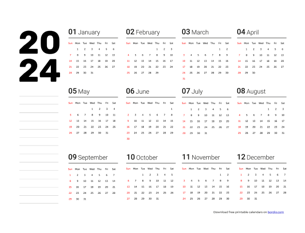 Free Printable Yearly Calendar 2024 Templates in PDF