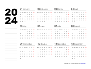 Vertical printable calendar 2024 from monday preview