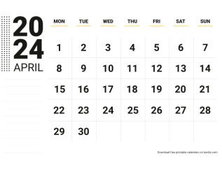 April 2024 calendar for print monday preview