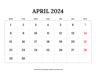 April printable calendar 2024 from monday preview