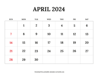 April printable calendar 2024 from sunday preview