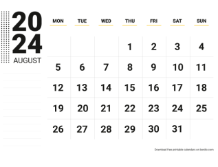 August 2024 calendar for print monday preview