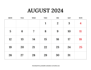August printable calendar 2024 from monday preview