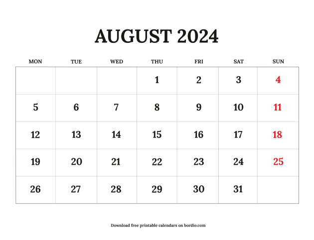 August 2024 Printable Calendar: Free Download (pdf)