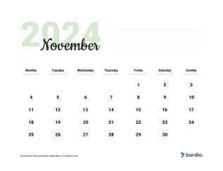 Beautiful calendar november2024 from monday preview