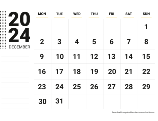 December 2024 calendar for print monday preview