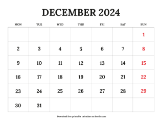 December printable calendar 2024 from monday preview