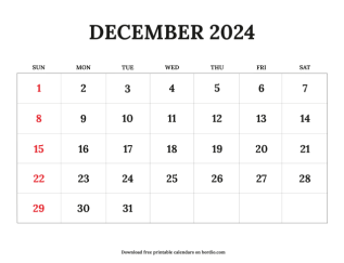 December printable calendar 2024 from sunday preview