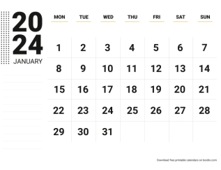 January 2024 calendar for print Monday preview