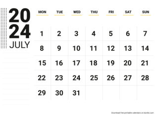 July 2024 calendar for print monday preview