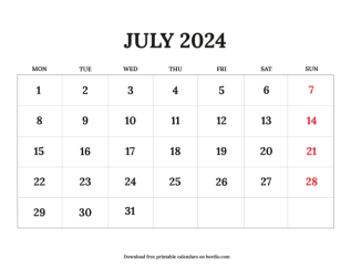 July printable calendar 2024 from monday preview