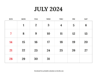 July printable calendar 2024 from sunday preview